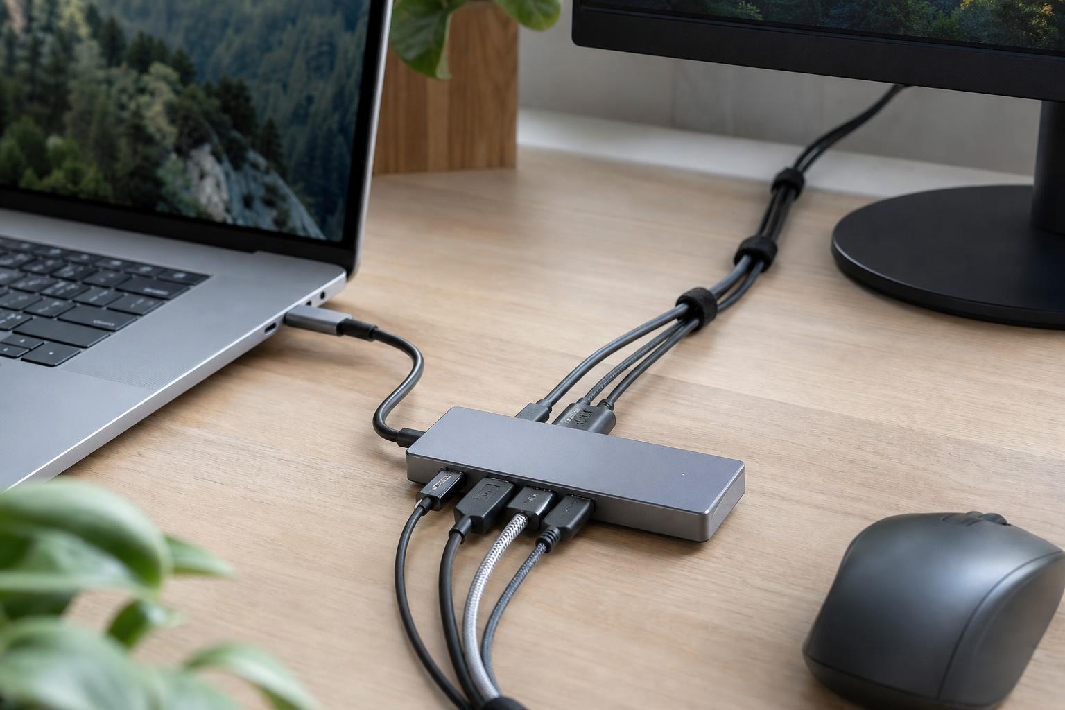 USB-C хаб с аккуратно подключенными кабелями