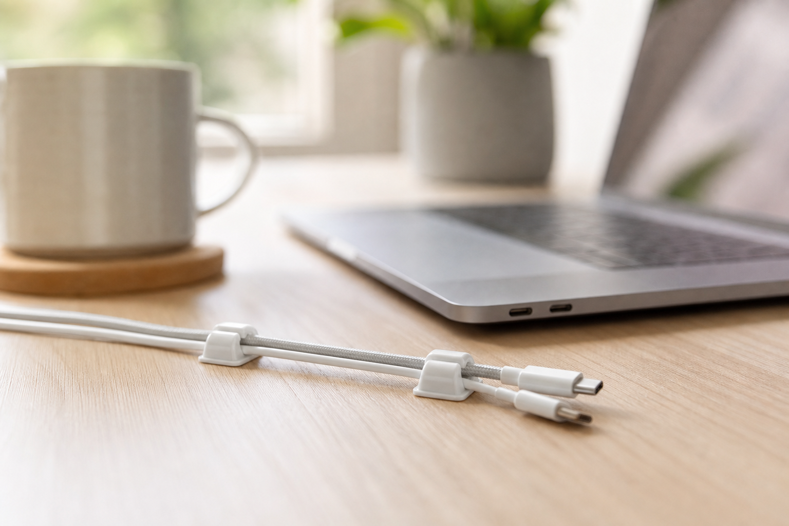 Кабель-клипсы на рабочем столе удерживают зарядку и USB-C кабель